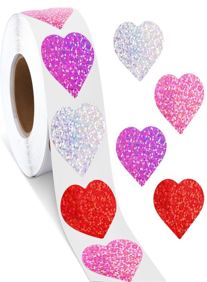 Fovths 500 Pieces Glitter Heart Stickers Roll Mini Valentine's Love Heart Stickers Shiny Self-Adhesive Heart Decorations for Valentine's Day Wedding Anniversary, Red Hot Pink Pink White - Image 1